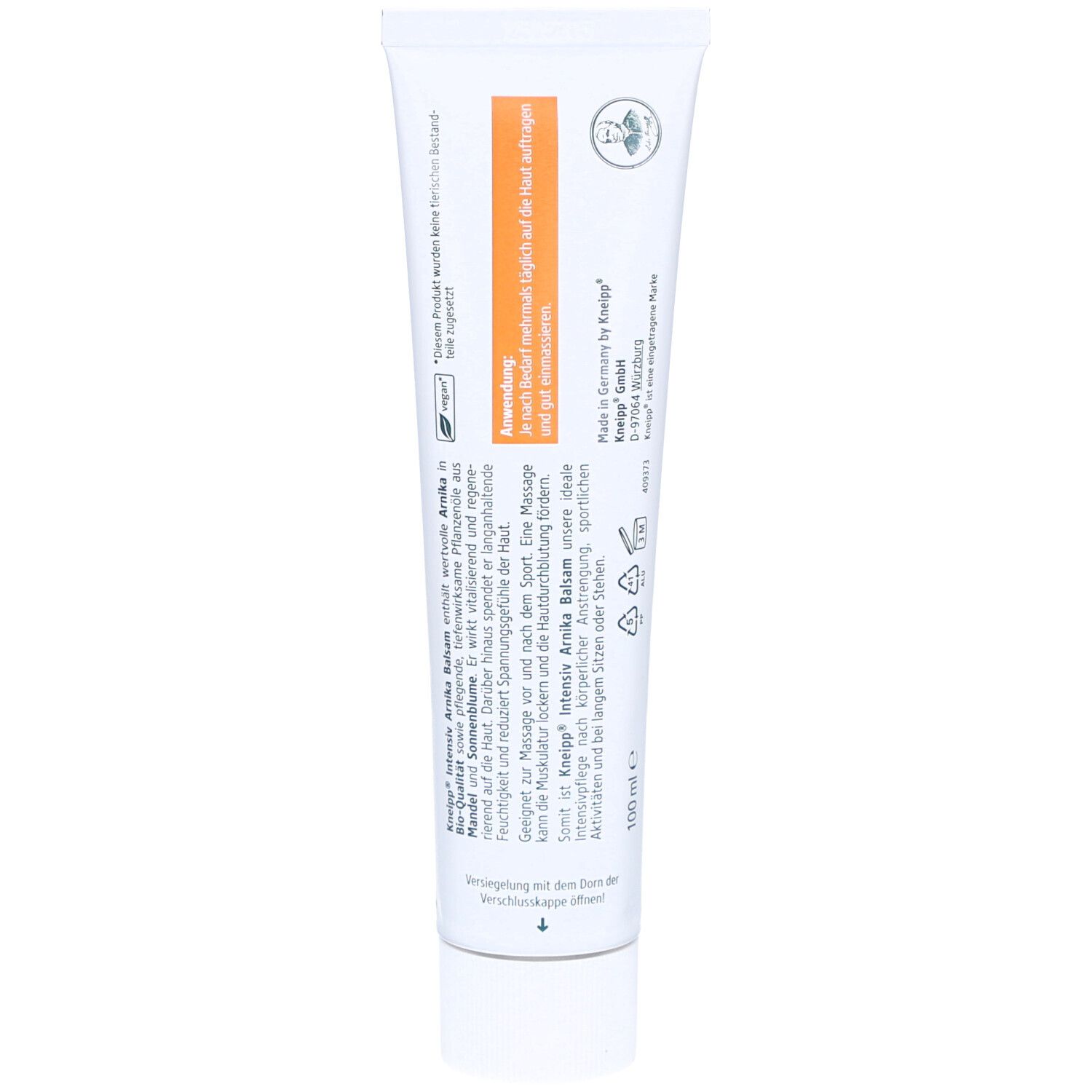 Rückseite der Tube Kneipp Intensiv Arnika Balsam. Text und Informationen in deutscher Sprache.
