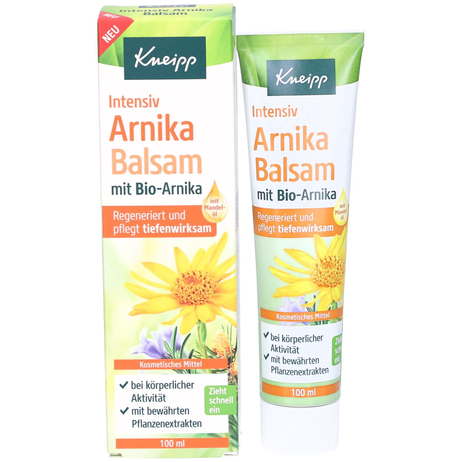 Kneipp Intensiv Arnika Balsam Tube und Verpackung. Beide zeigen Produktinformationen und eine gelbe Blüte.