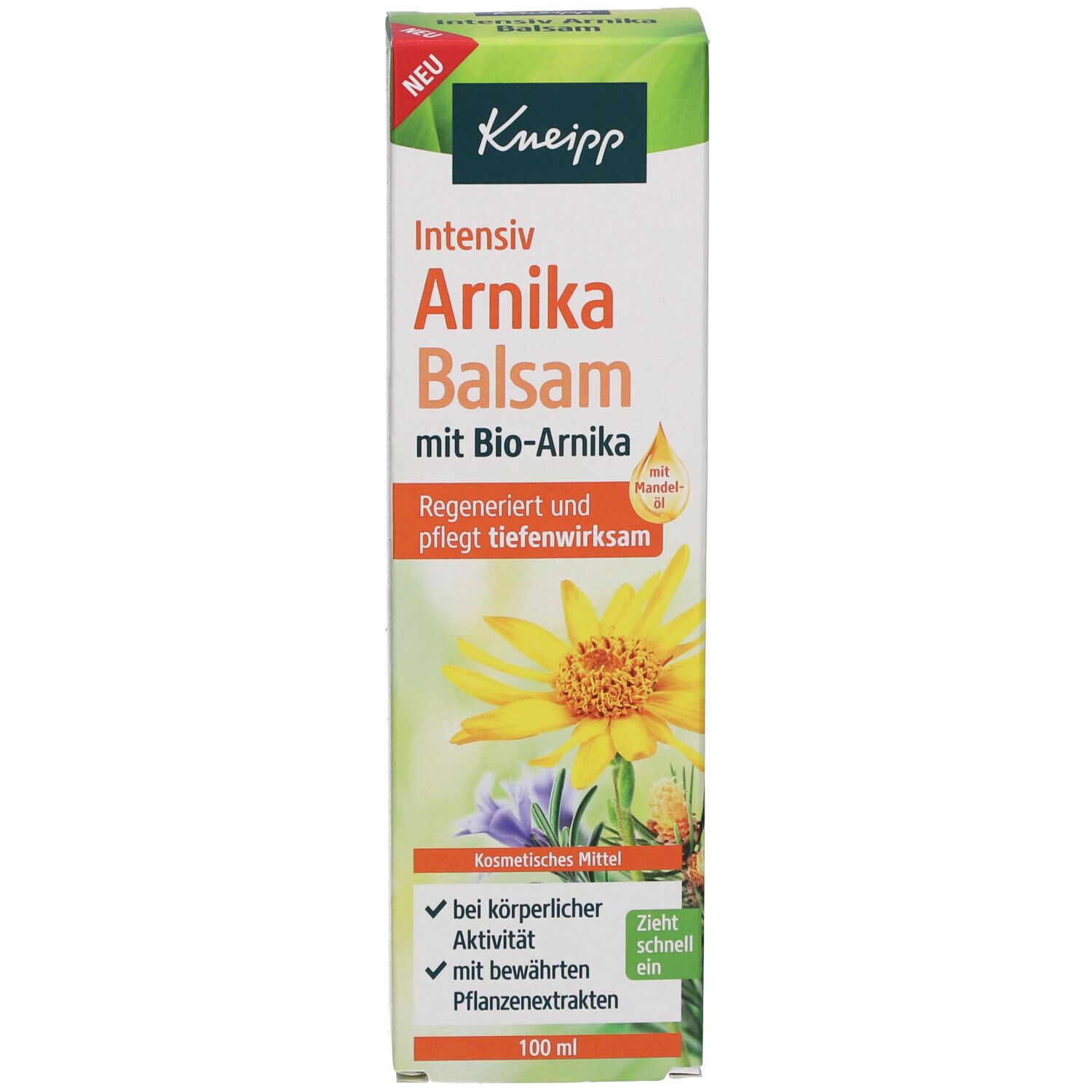 Verpackung Kneipp Intensiv Arnika Balsam. Grün-weiß, mit Produktinformationen und einer gelben Blüte.