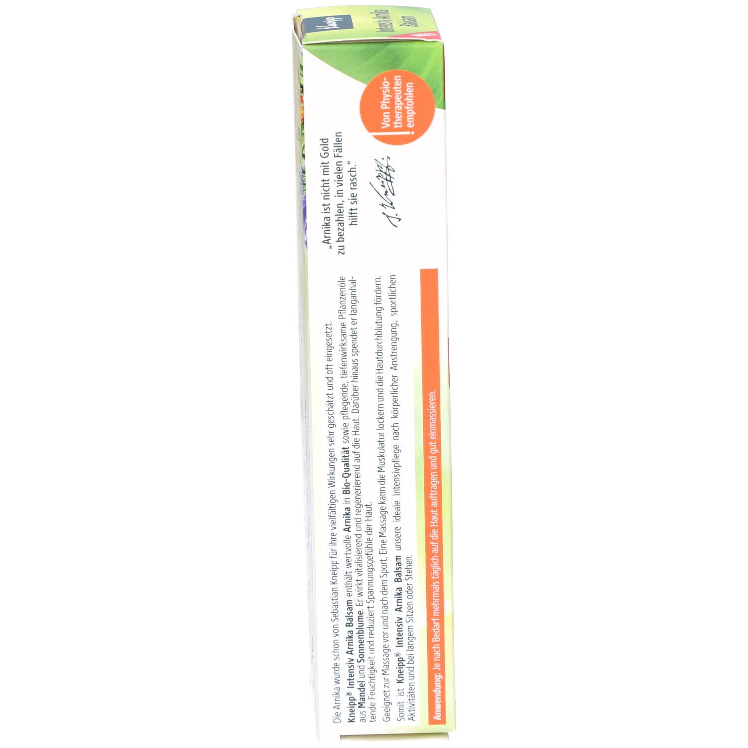 Seite der Verpackung Kneipp Intensiv Arnika Balsam. Text und Informationen in deutscher Sprache.