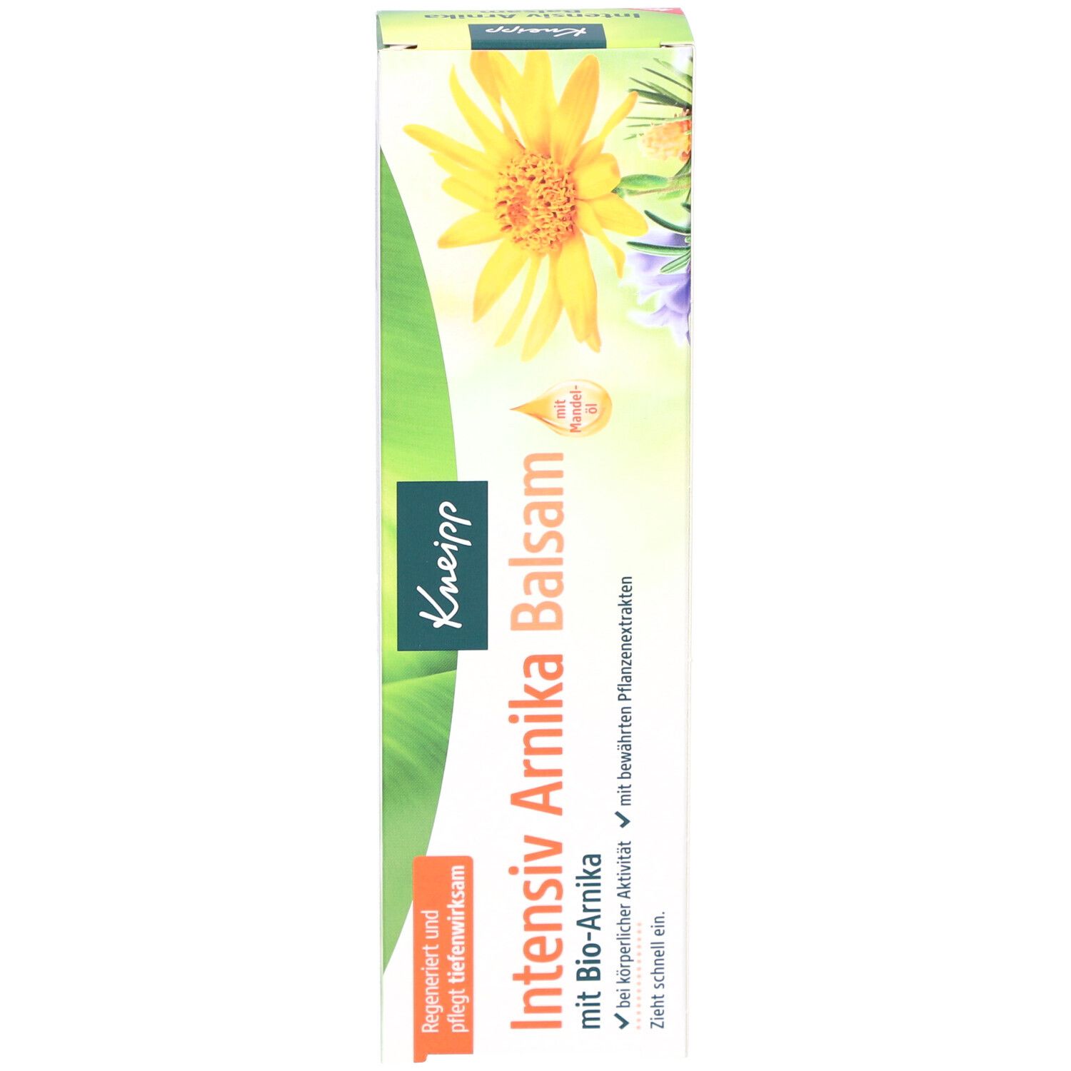 Seite der Verpackung Kneipp Intensiv Arnika Balsam. Produktname, Logo und Informationen.