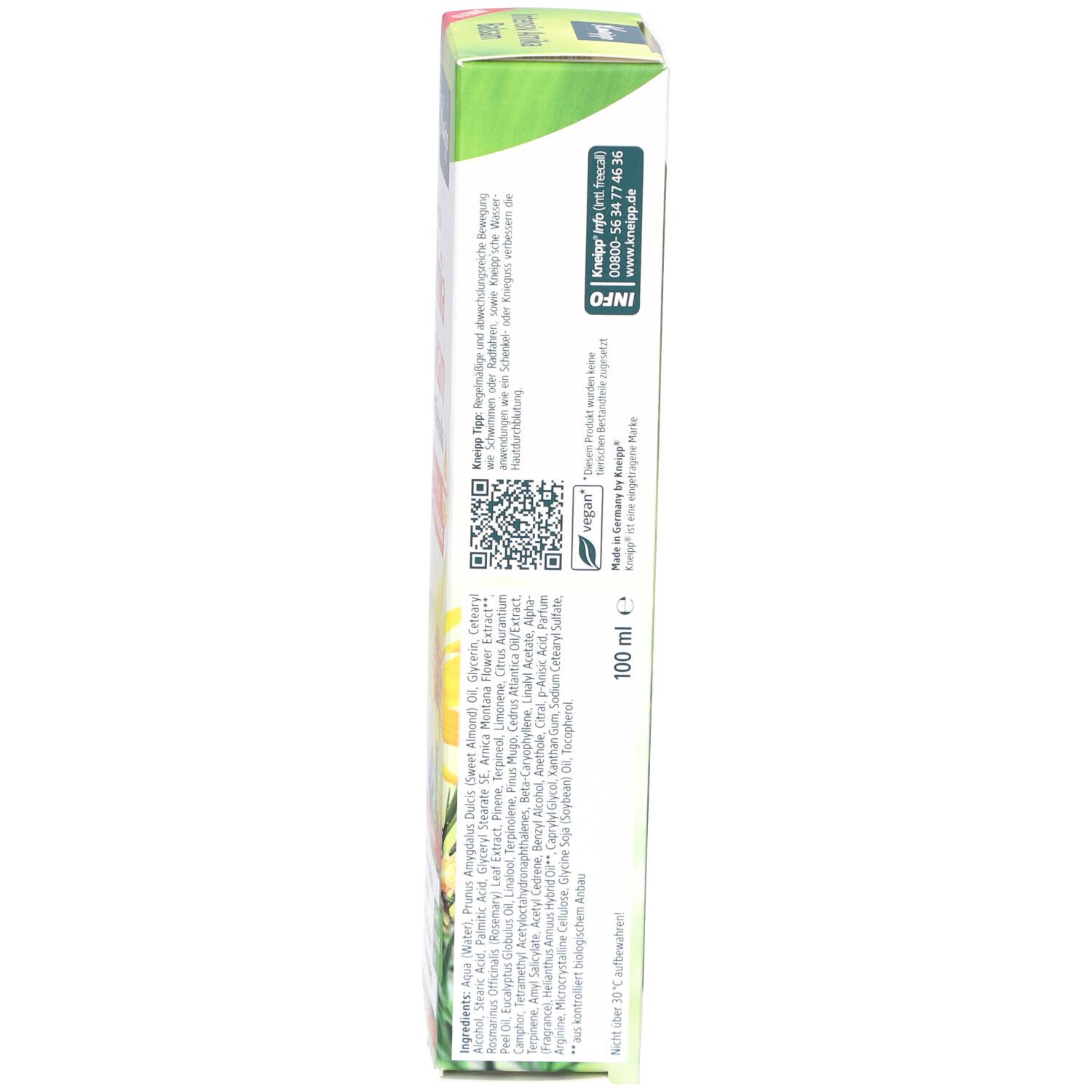 Seite der Verpackung Kneipp Intensiv Arnika Balsam. Inhaltsstoffe, Kontaktinformationen und Logos.