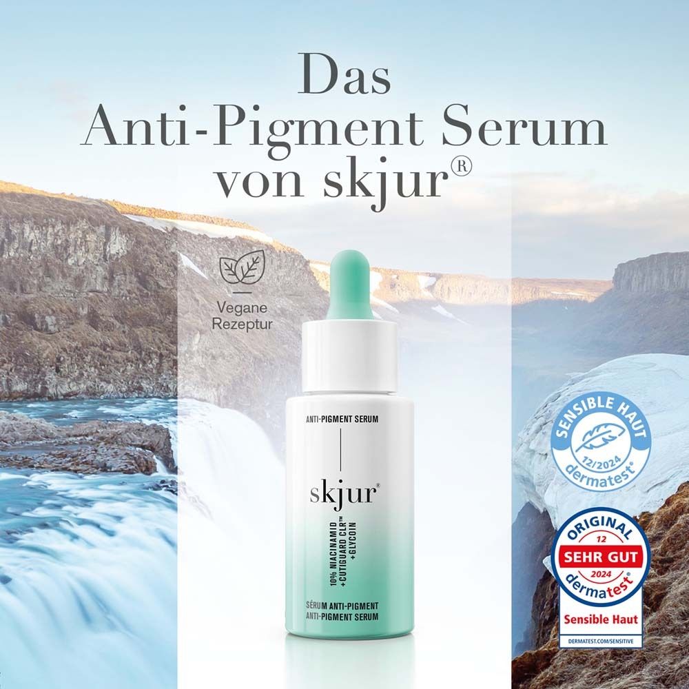 skjur® Anti-Pigment Serum. Flasche und Verpackung. Vegan. Dermatest-Siegel.