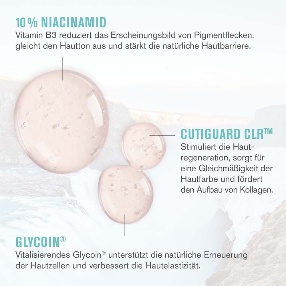 Text-Infografik: Inhaltsstoffe des Anti-Pigment Serums. Niacinamid, CutiGuard CLR, Glycoin.