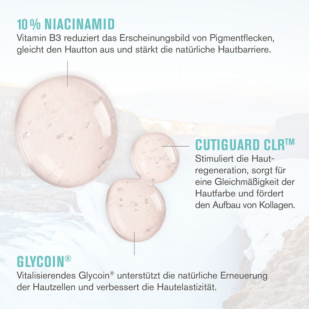 Drei Tropfen einer Flüssigkeit mit den Inhaltsstoffen 10% Niacinamid, Cutiguard CLR und Glycoin.