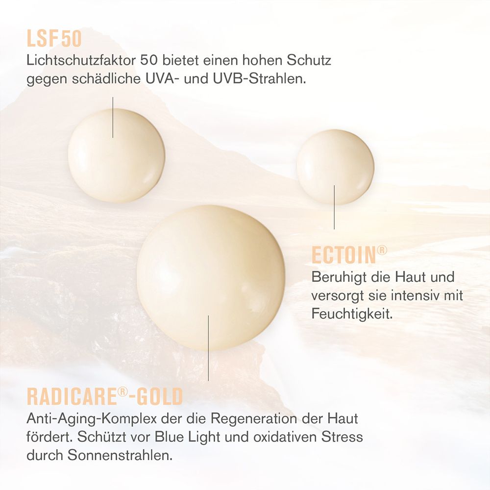 skjur Sonnenserum: LSF 50, Radicare-Gold, Ectoin für Hautschutz und Feuchtigkeit.