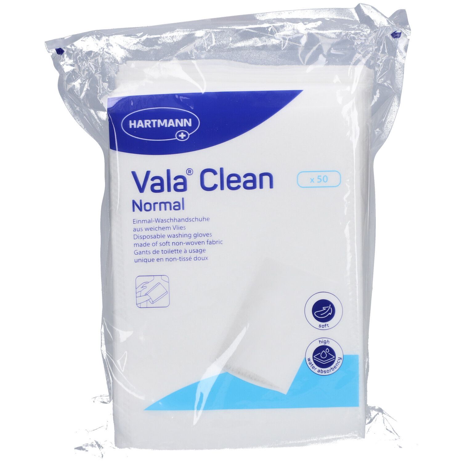 Verpackung mit Vala®Clean Einmal-Waschhandschuhen. 50 Stück. Weiches Vlies. Wasserabsorbierend.