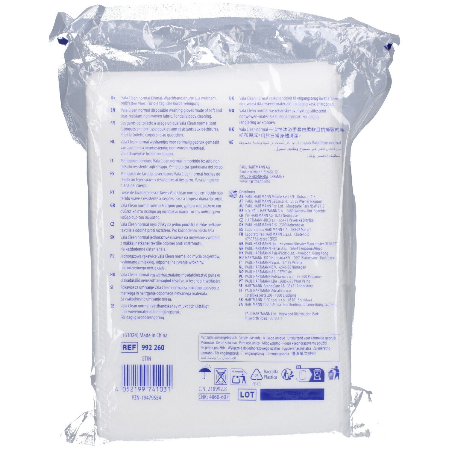 Rückseite der Verpackung mit Text. REF 992 260. Barcode. Recycling-Symbole.