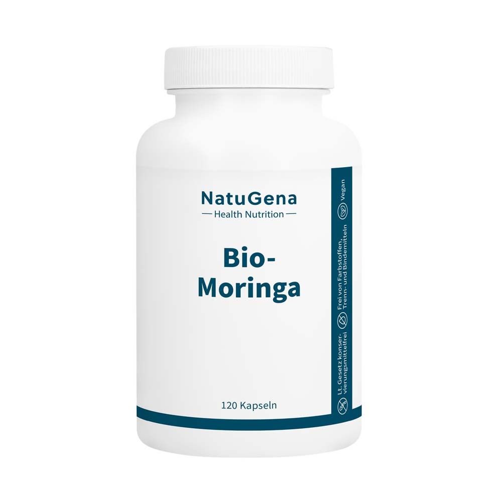 Weiße Flasche mit Kapseln. Aufschrift: NatuGena Bio-Moringa. 120 Kapseln.