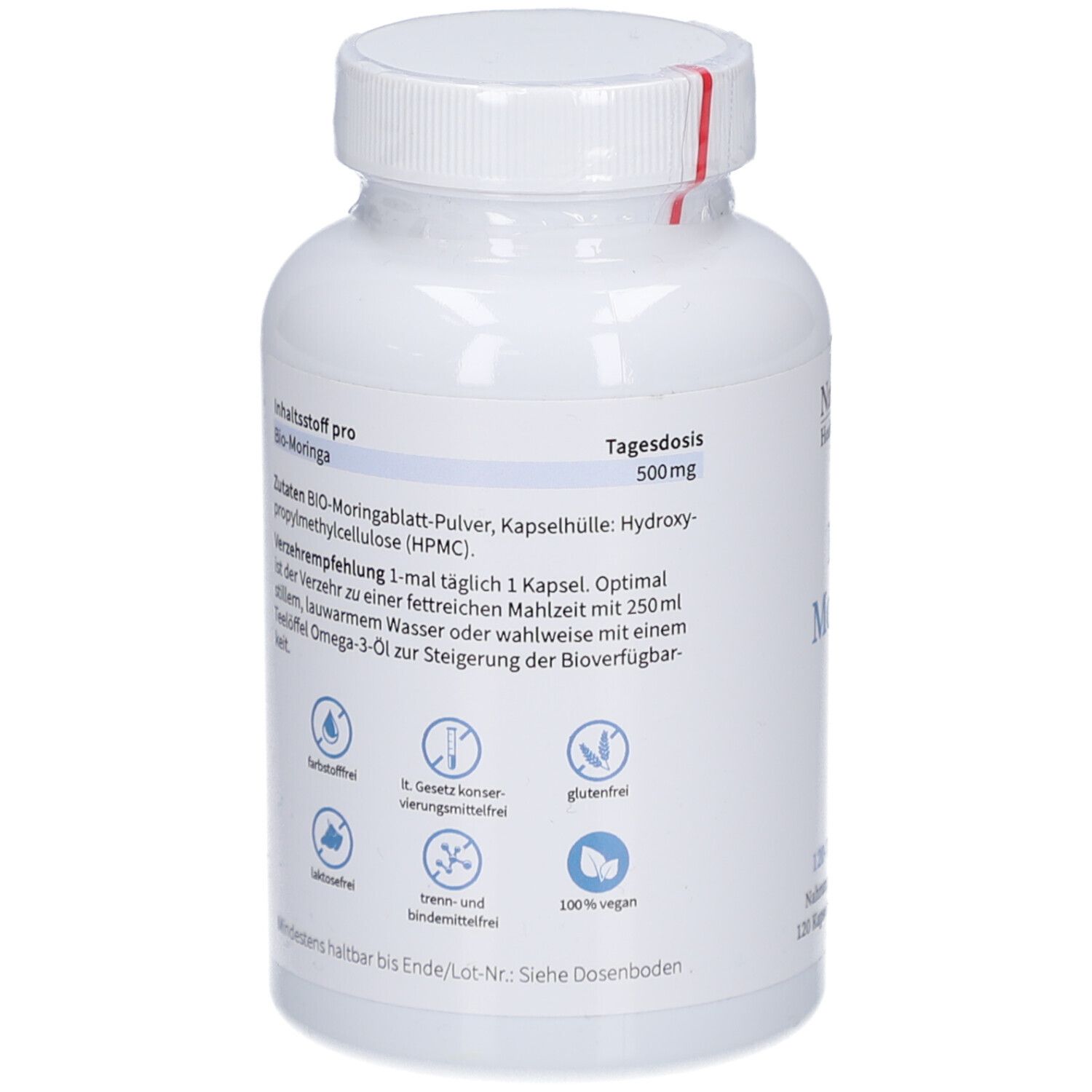 Rückseite der weißen Flasche. Text: Inhaltsstoff pro Bio-Moringa, Verzehrempfehlung. Symbole: laktosefrei, glutenfrei, vegan.