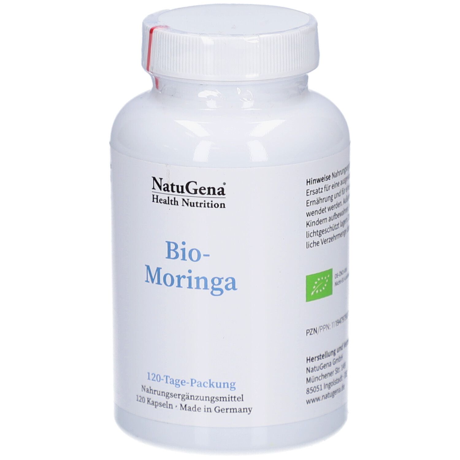 Weiße Flasche mit NatuGena Bio-Moringa. Aufschrift: Bio-Moringa, 120-Tage-Packung, 120 Kapseln. Grünes Bio-Siegel.