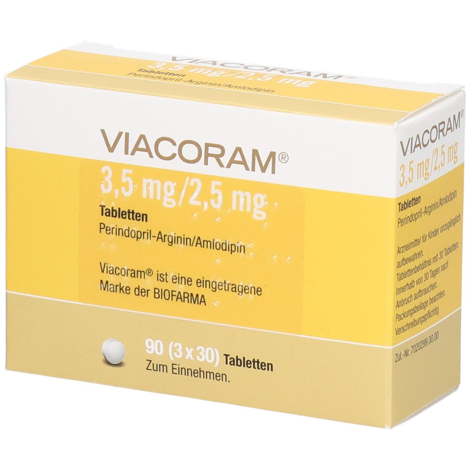 Schachtel VIACORAM 3,5 mg/2,5 mg Tabletten. Gelb-weiße Verpackung mit Produktnamen und Dosierung. Enthält 90 Tabletten.