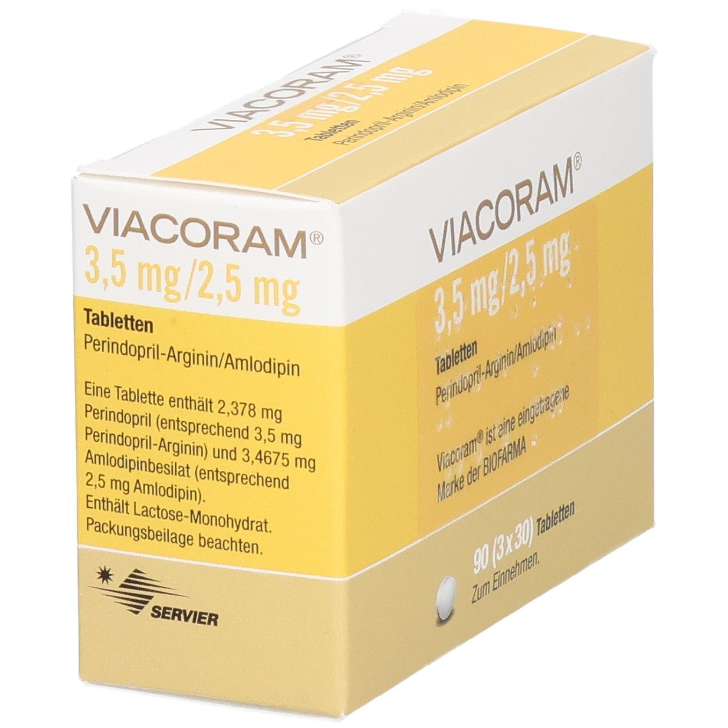 Schachtel VIACORAM 3,5 mg/2,5 mg Tabletten. Gelb-weiße Verpackung mit Produktinformationen und Inhaltsstoffen. Marke SERVIER.