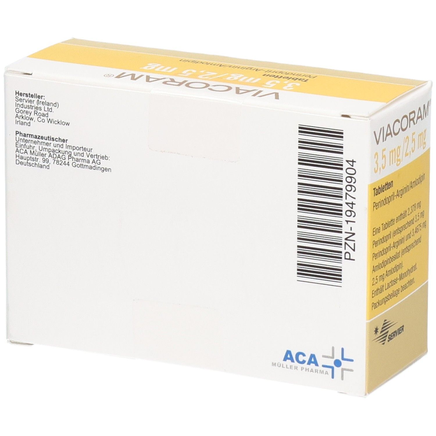Rückseite der VIACORAM 3,5 mg/2,5 mg Tabletten-Schachtel. Enthält Herstellerinformationen und Barcode. Marke ACA Müller Pharma.