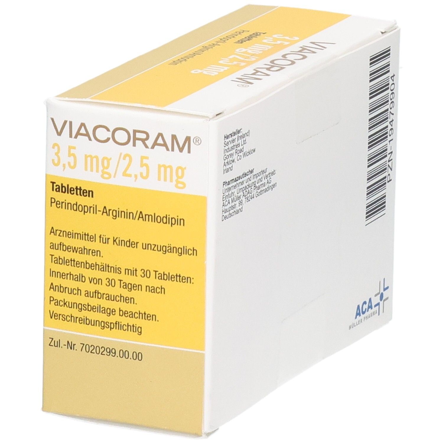 Schachtel VIACORAM 3,5 mg/2,5 mg Tabletten. Seitenansicht mit Produktinformationen und Barcode. Marke ACA Müller Pharma.