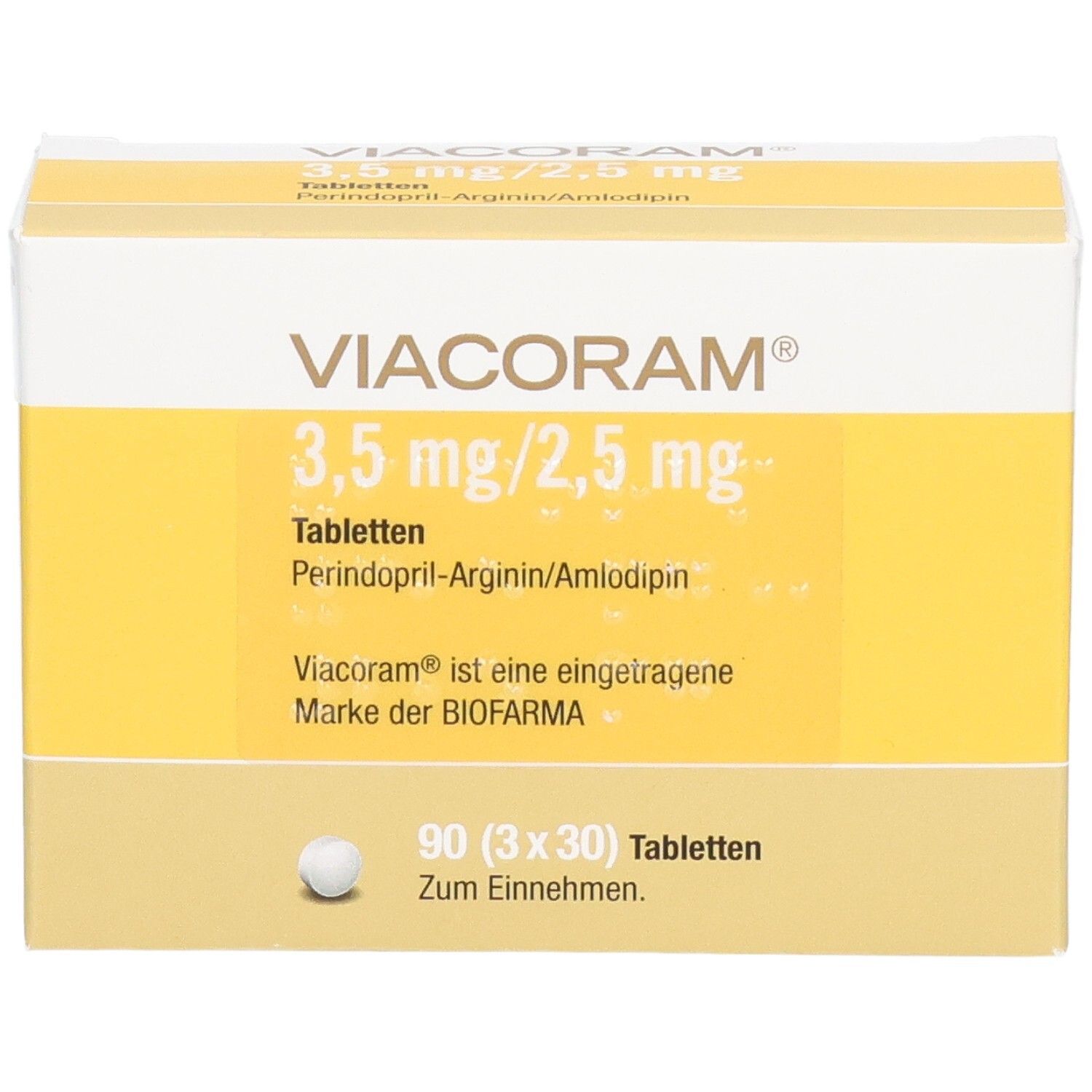 Vorderseite der VIACORAM 3,5 mg/2,5 mg Tabletten-Schachtel. Gelb-weiße Verpackung mit Produktnamen und Dosierung.