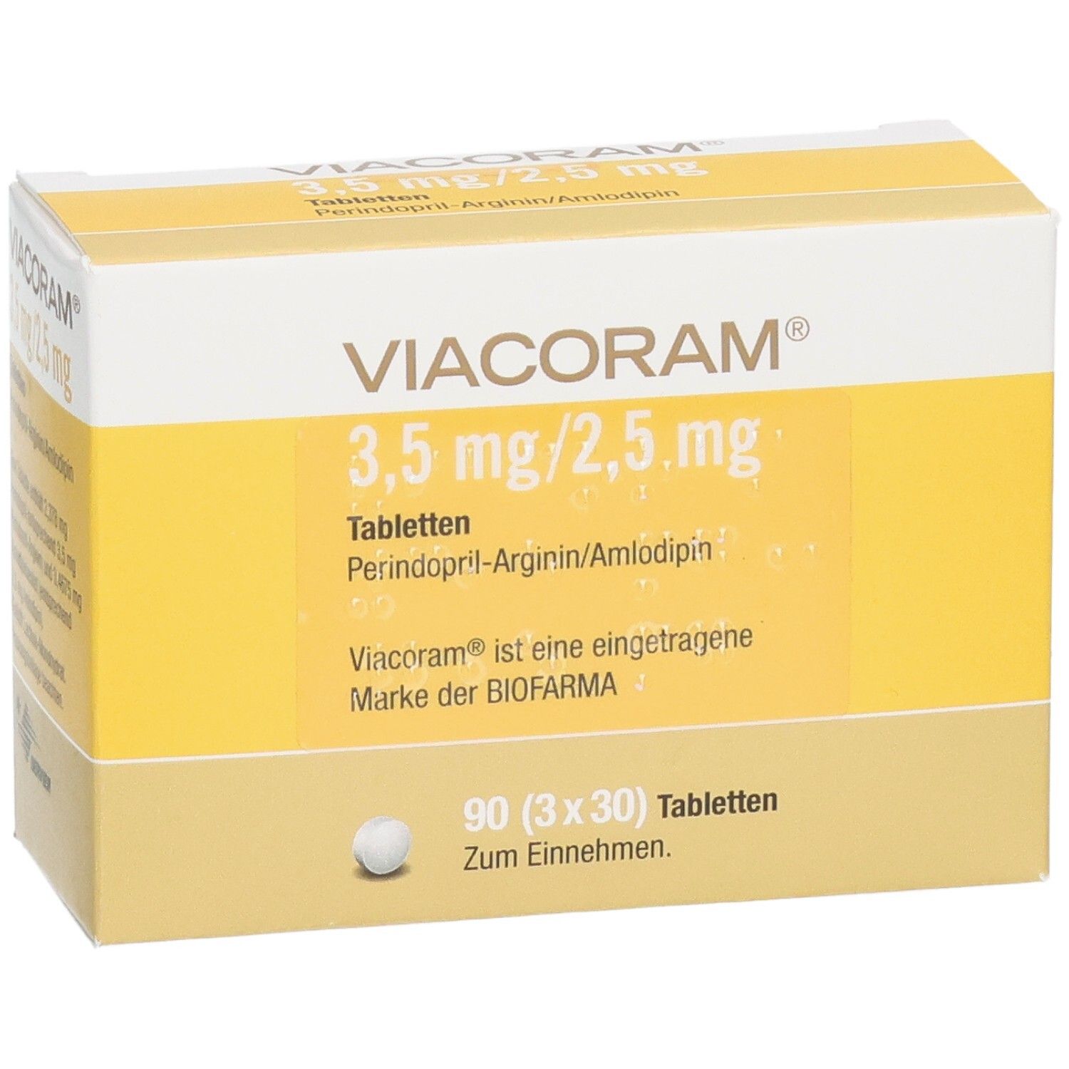 Vorderseite der VIACORAM 3,5 mg/2,5 mg Tabletten-Schachtel. Gelb-weiße Verpackung mit Produktnamen und Dosierung.