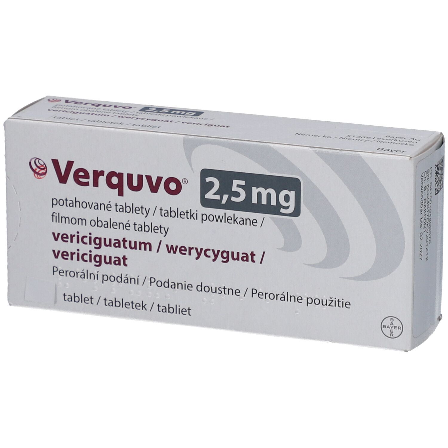 Verquvo 2,5 mg Filmtabletten-Packung. Weiße Schachtel mit Produktnamen und Dosierung. Mehrsprachige Produktinformationen.