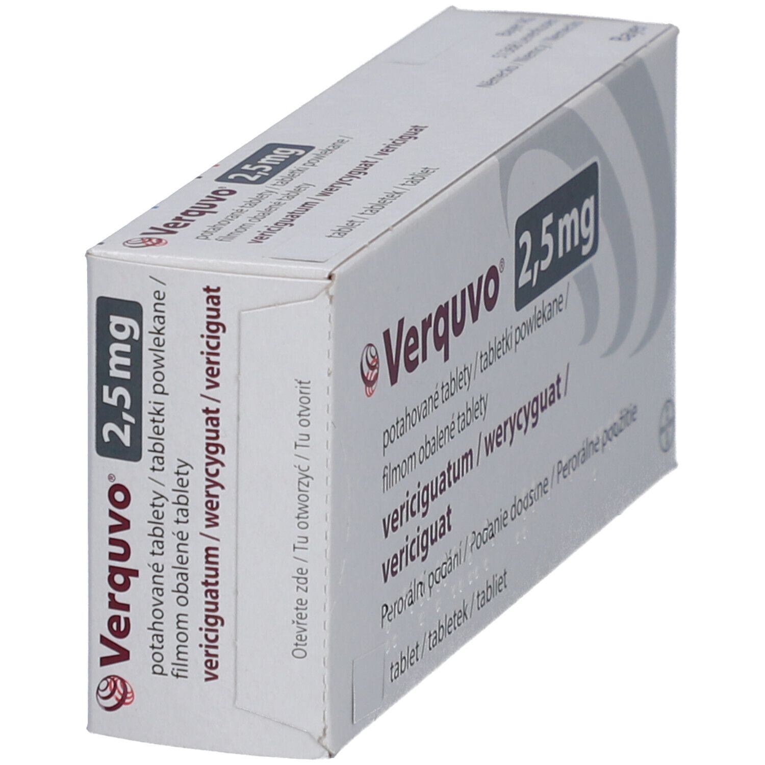 Verquvo 2,5 mg Packung, schräg. Weiße Schachtel mit Produktnamen und Dosierung. Mehrsprachige Produktinformationen.