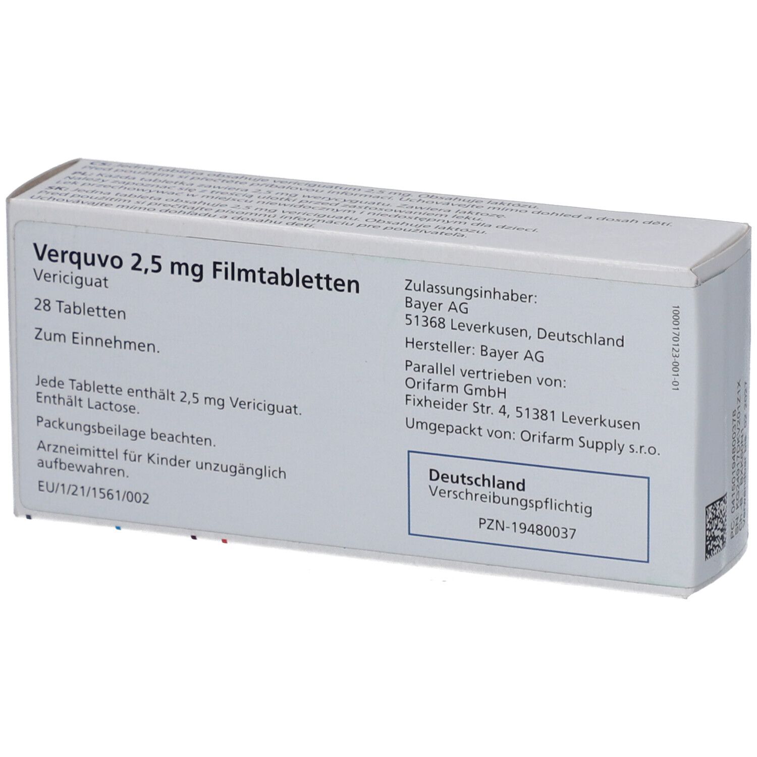 Rückseite der Verquvo 2,5 mg Filmtabletten-Packung. Enthält Informationen zu Hersteller, Inhaltsstoffen und Dosierung.