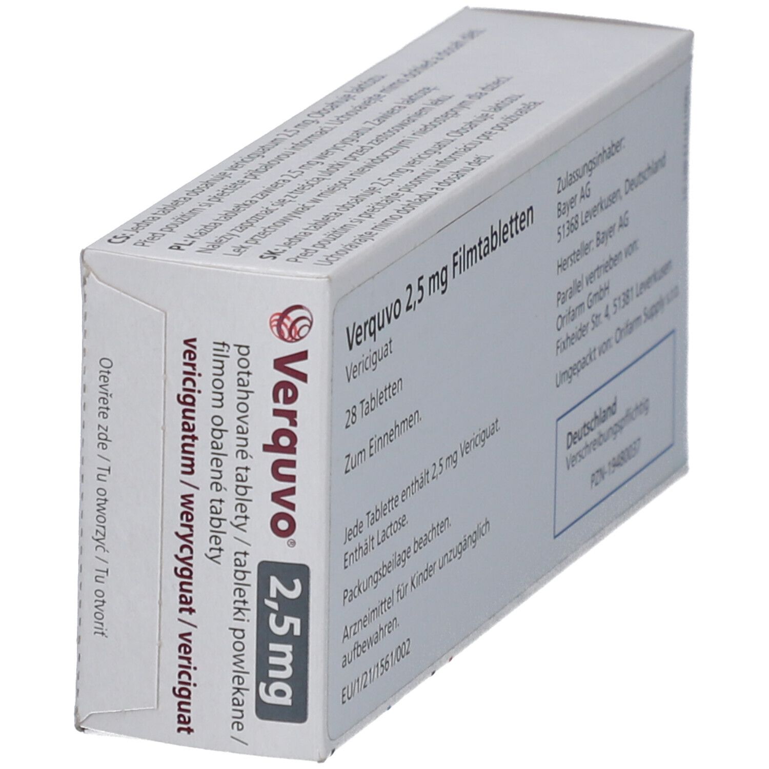 Schrägansicht der Verquvo 2,5 mg Filmtabletten-Packung. Rückseite mit Herstellerinformationen und Inhaltsstoffen.