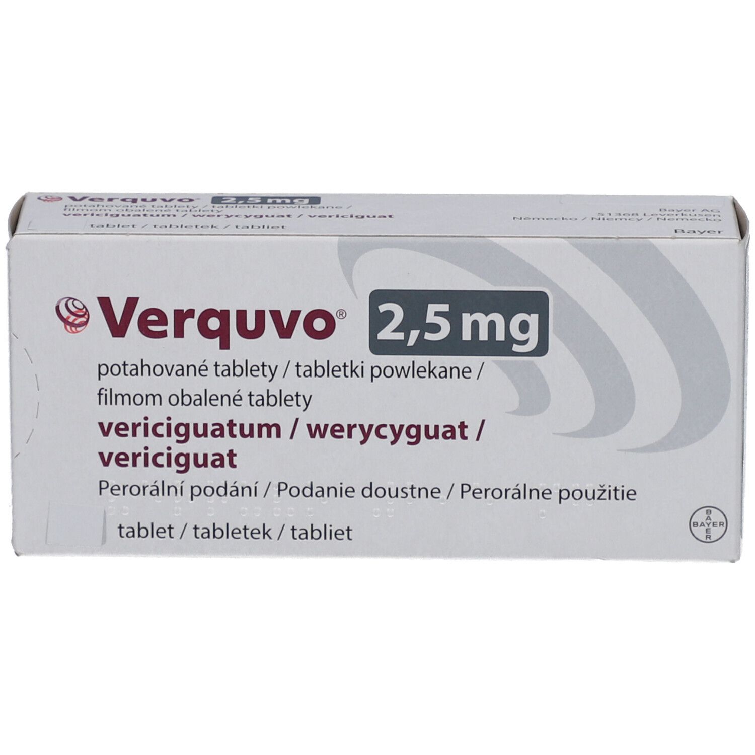 Verquvo 2,5 mg Filmtabletten-Packung. Weiße Schachtel mit Produktnamen und Dosierung. Mehrsprachige Produktinformationen.
