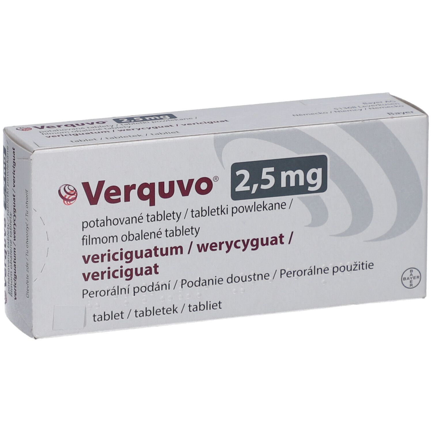 Verquvo 2,5 mg Filmtabletten-Packung. Weiße Schachtel mit Produktnamen und Dosierung. Mehrsprachige Produktinformationen.