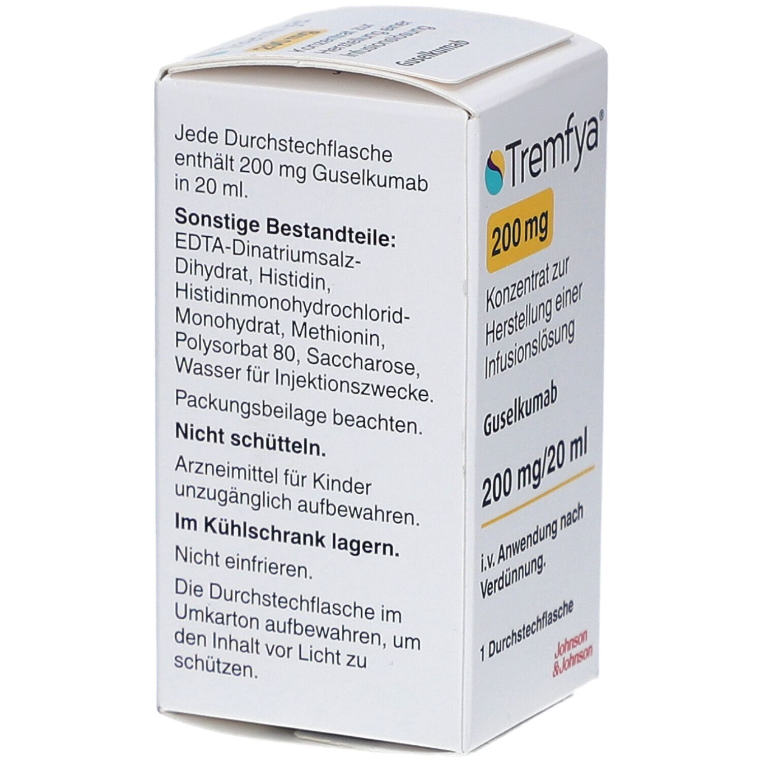 Karton von Tremfya. Enthält 200 mg Guselkumab in 20 ml. Inhaltsstoffe: EDTA, Histidin, Monohydrat, Methionin, Polysorbat 80, Saccharose, Wasser. Kühl lagern.