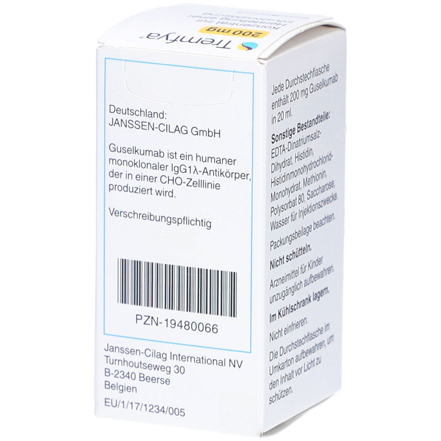 Karton von Tremfya. Hersteller: Janssen-Cilag GmbH, Deutschland. Enthält Guselkumab, ein monoklonaler Antikörper. PZN-19480066. Adresse: Janssen-Cilag International NV, Belgien.