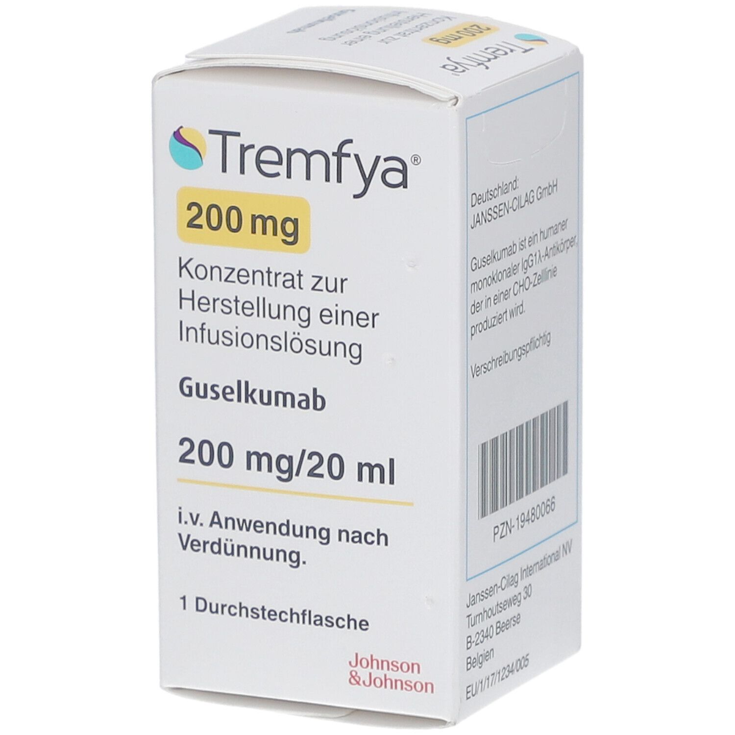 Karton von Tremfya 200 mg, Konzentrat zur Herstellung einer Infusionslösung. Enthält Guselkumab. 200 mg/20 ml. 1 Durchstechflasche. Hersteller: Johnson & Johnson.