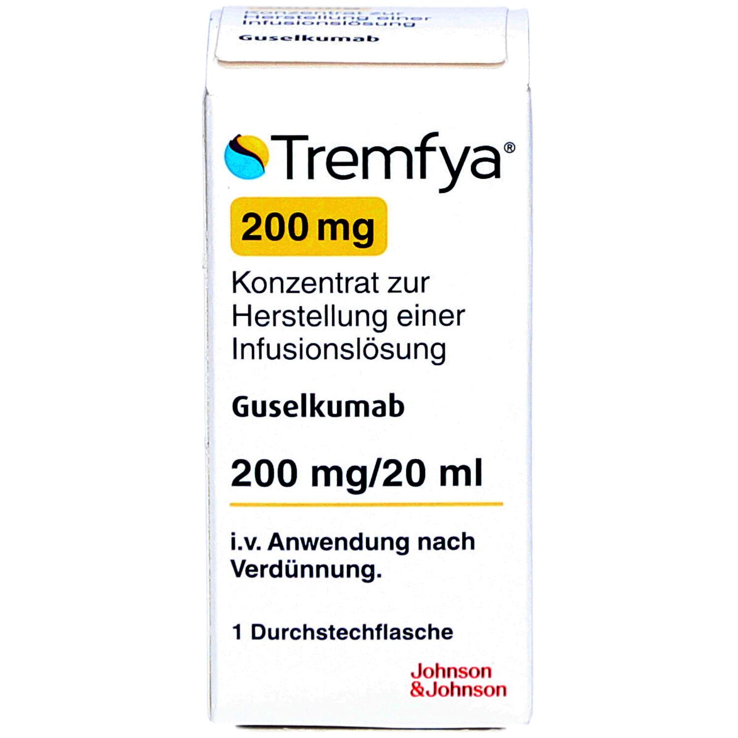 Karton von Tremfya 200 mg, Konzentrat zur Herstellung einer Infusionslösung. Enthält Guselkumab. 200 mg/20 ml. 1 Durchstechflasche. Hersteller: Johnson & Johnson.