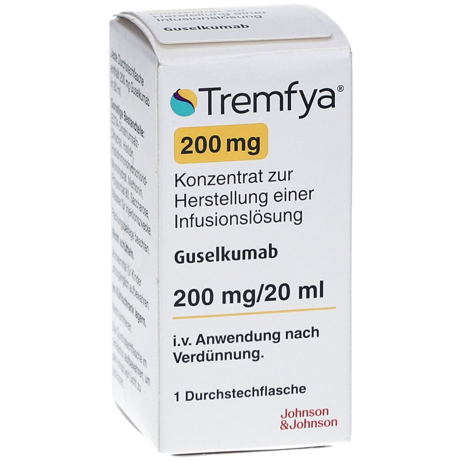 Karton von Tremfya 200 mg, Konzentrat zur Herstellung einer Infusionslösung. Enthält Guselkumab. 200 mg/20 ml. 1 Durchstechflasche. Hersteller: Johnson & Johnson.
