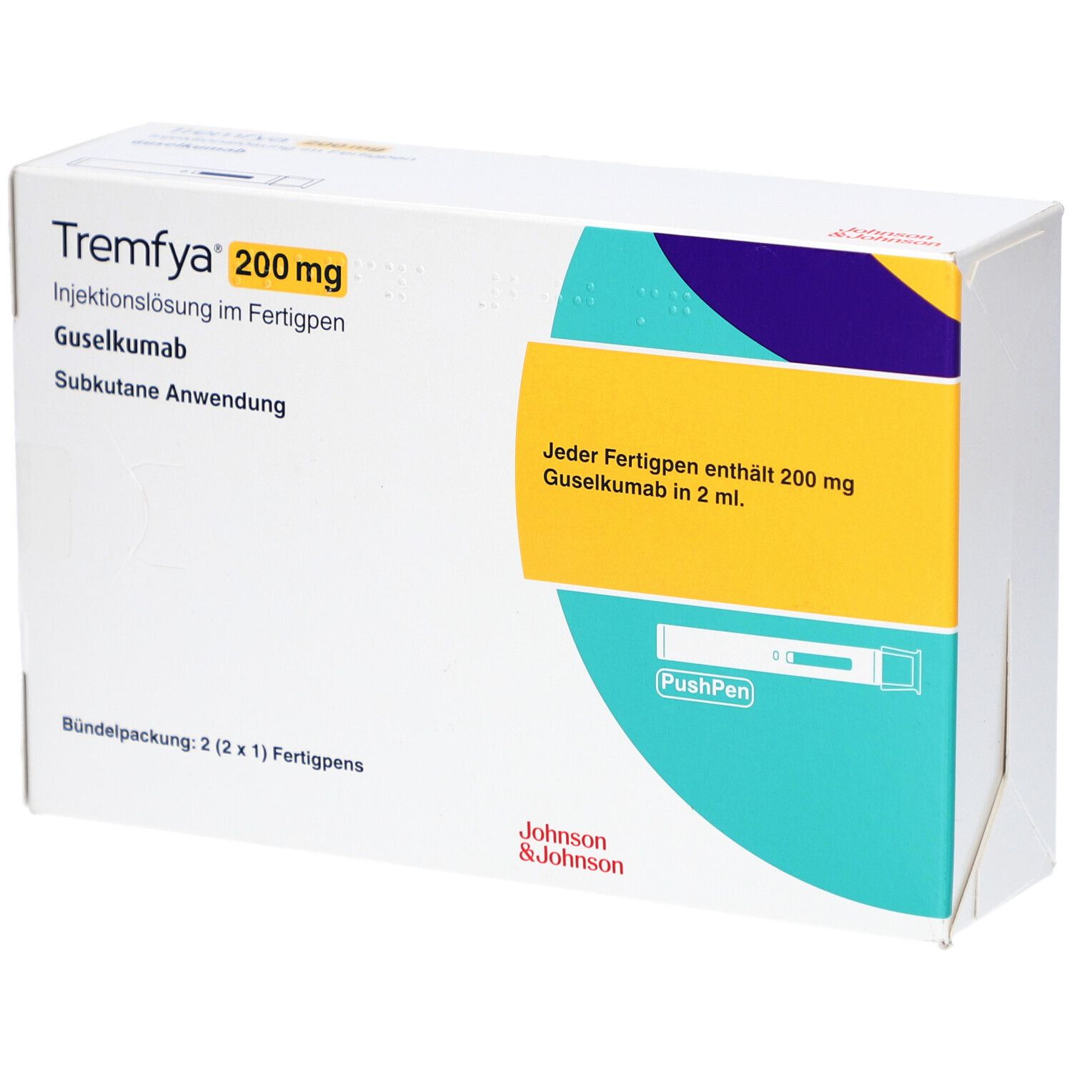 Verpackung von Tremfya 200 mg. Injektionslösung im Fertigpen. Enthält 2 Fertigpens. Marke und Dosierung deutlich sichtbar.