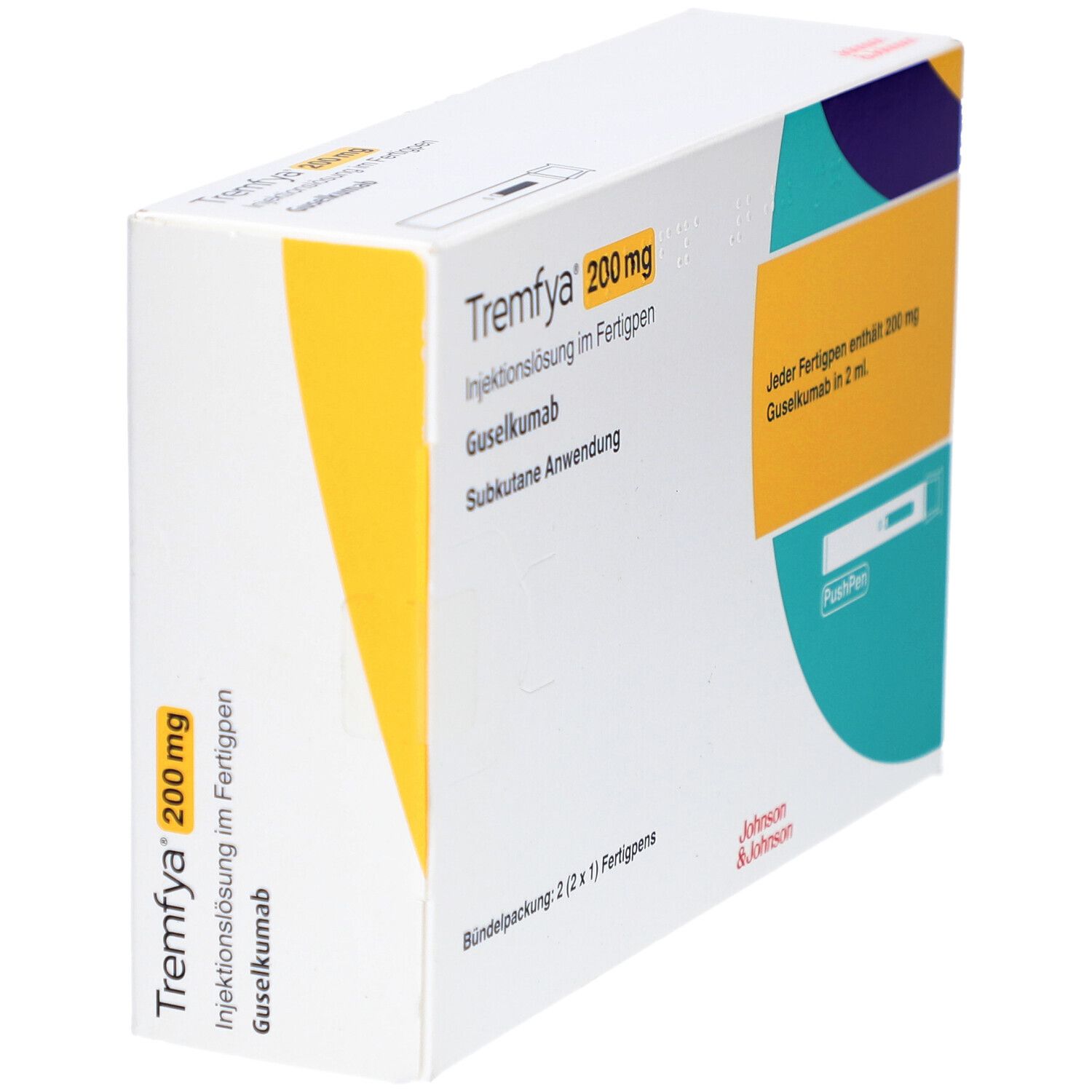 Schrägansicht der Tremfya 200 mg Verpackung. Text: Injektionslösung im Fertigpen. Enthält 2 Fertigpens. Marke und Dosierung sichtbar.
