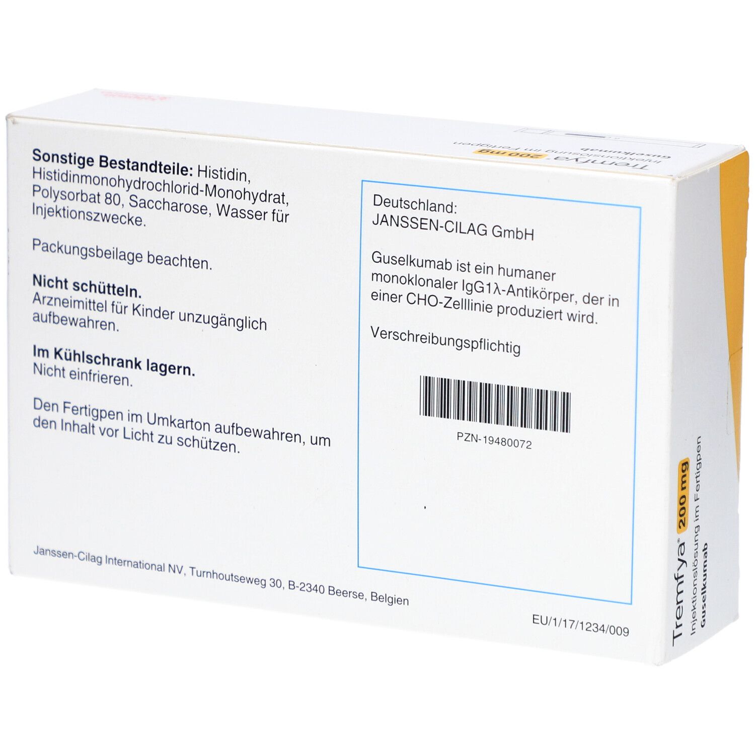 Rückseite der Tremfya 200 mg Verpackung. Enthält Informationen zu Inhaltsstoffen, Lagerung und Hersteller.