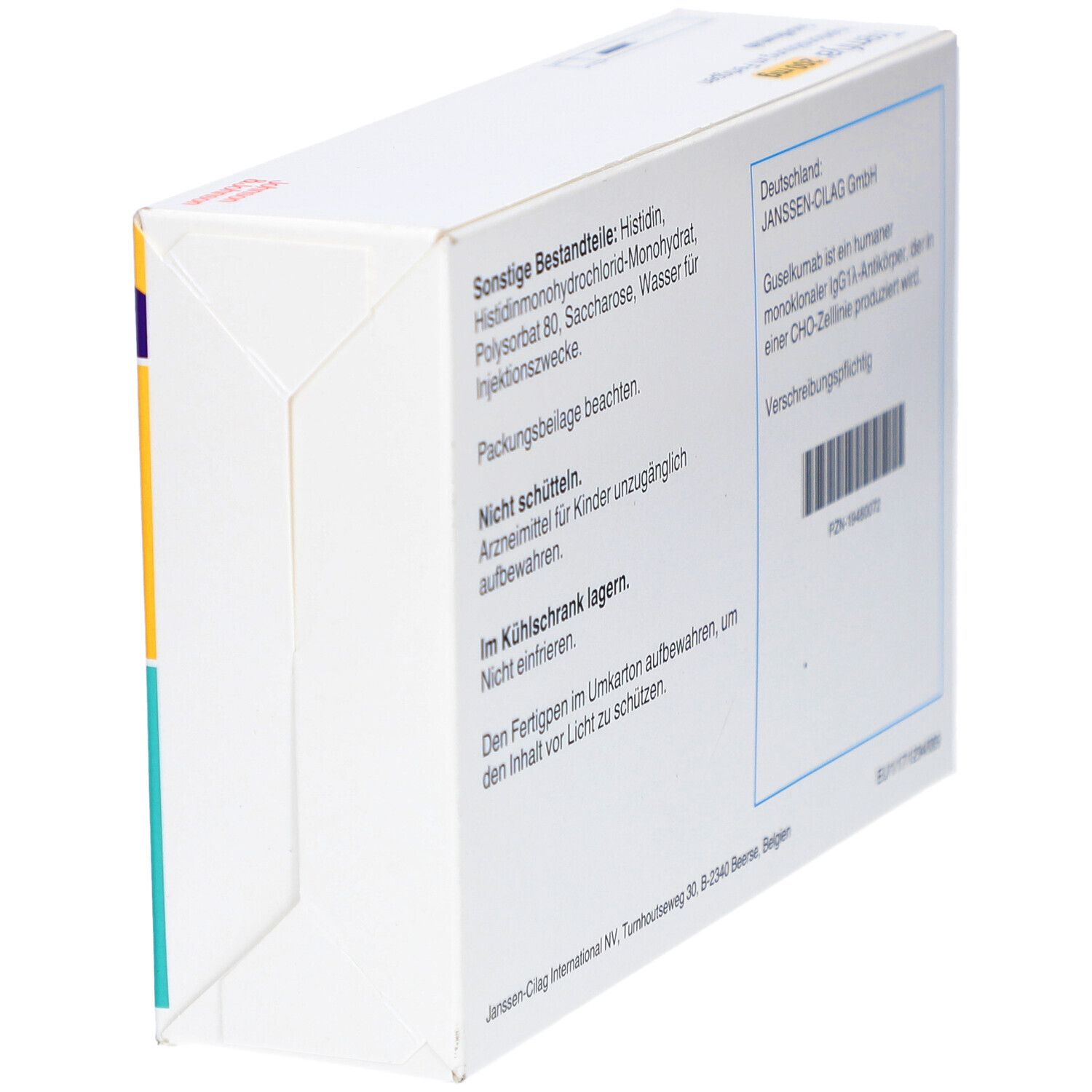 Seitenansicht der Tremfya 200 mg Verpackung. Informationen zu Inhaltsstoffen und Hersteller sind sichtbar.