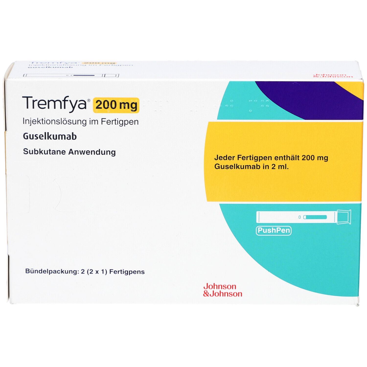 Vorderansicht der Tremfya 200 mg Verpackung. Injektionslösung im Fertigpen. Enthält 2 Fertigpens. Marke und Dosierung sichtbar.