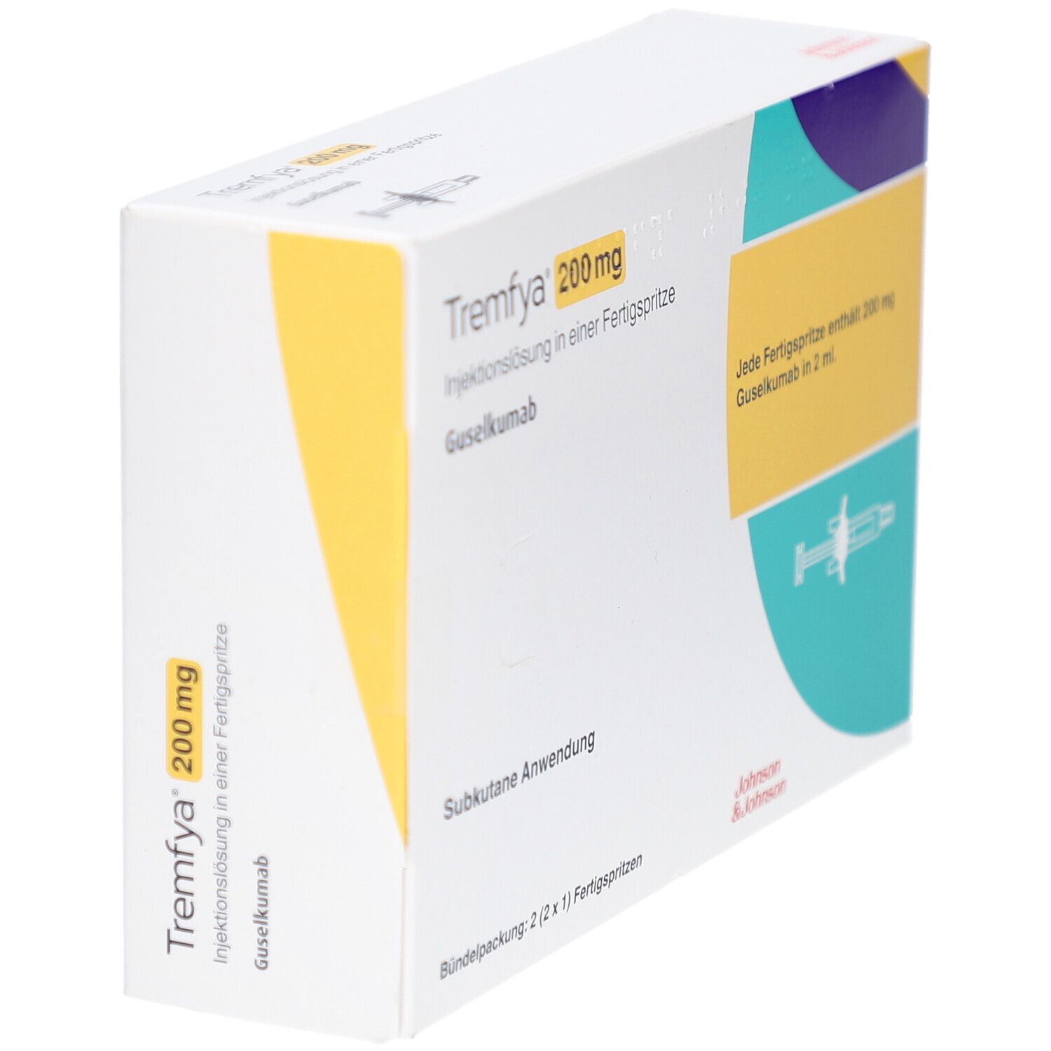 Weiße Faltschachtel, Tremfya 200 mg. Injektionslösung in Fertigspritze. Gelber und türkisfarbener Bereich. Logo Johnson & Johnson.