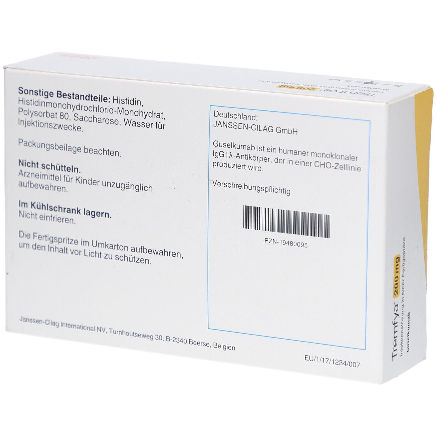 Rückseite der Faltschachtel. Text: Sonstige Bestandteile, Nicht schütteln, Im Kühlschrank lagern. Janssen-Cilag GmbH.
