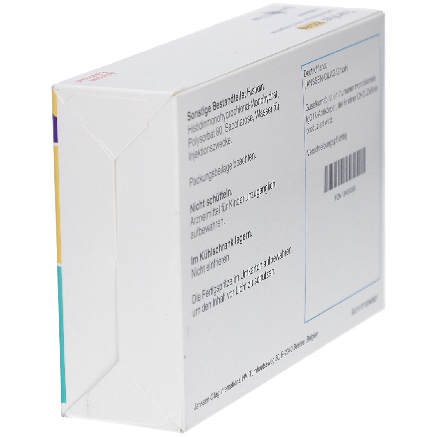 Rückseite der Faltschachtel. Text: Sonstige Bestandteile, Nicht schütteln, Im Kühlschrank lagern. Janssen-Cilag GmbH.