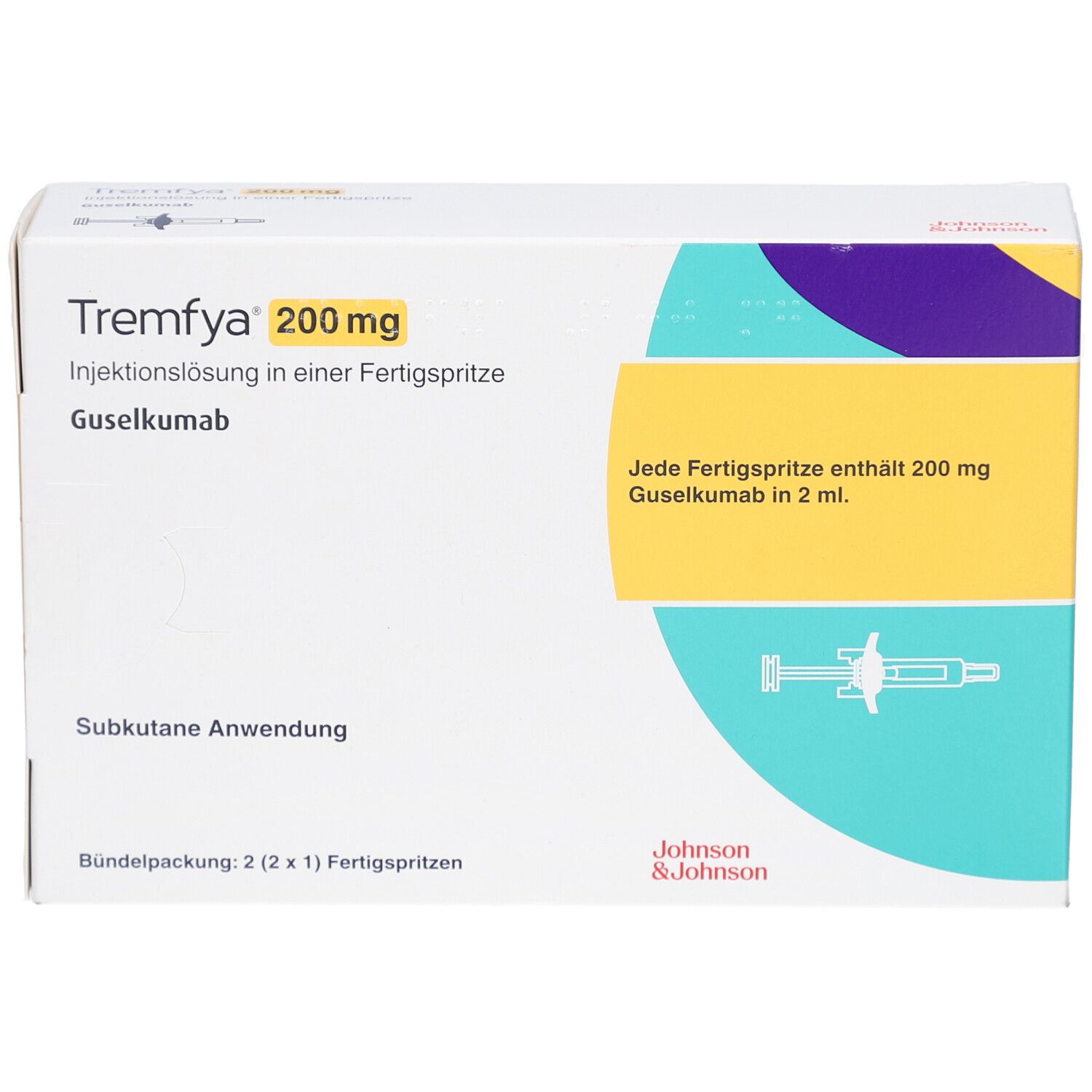 Weiße Faltschachtel mit Aufschrift Tremfya 200 mg. Injektionslösung in Fertigspritze. Logo Johnson & Johnson.