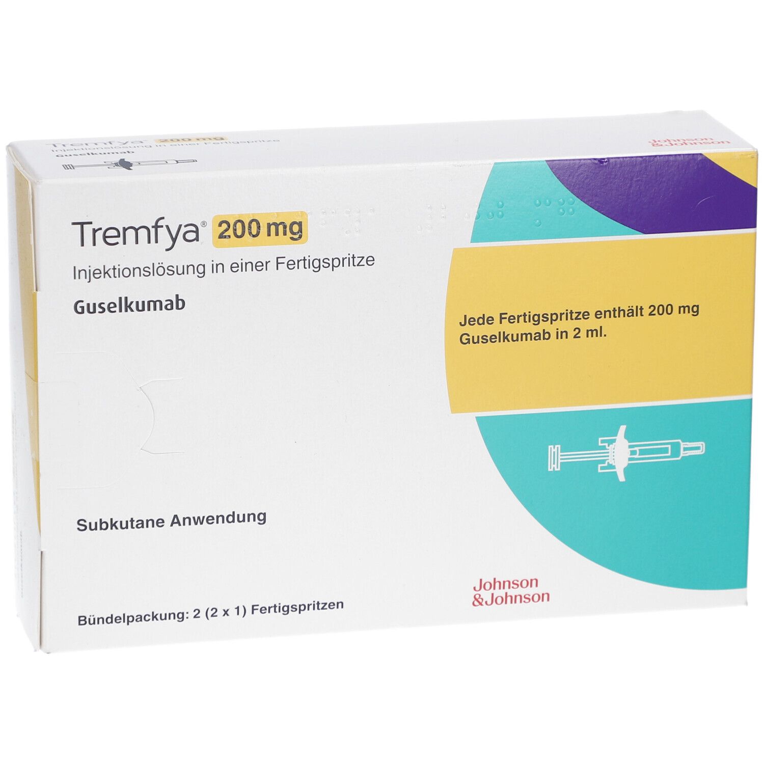 Weiße Faltschachtel mit Aufschrift Tremfya 200 mg. Injektionslösung in Fertigspritze. Logo Johnson & Johnson.