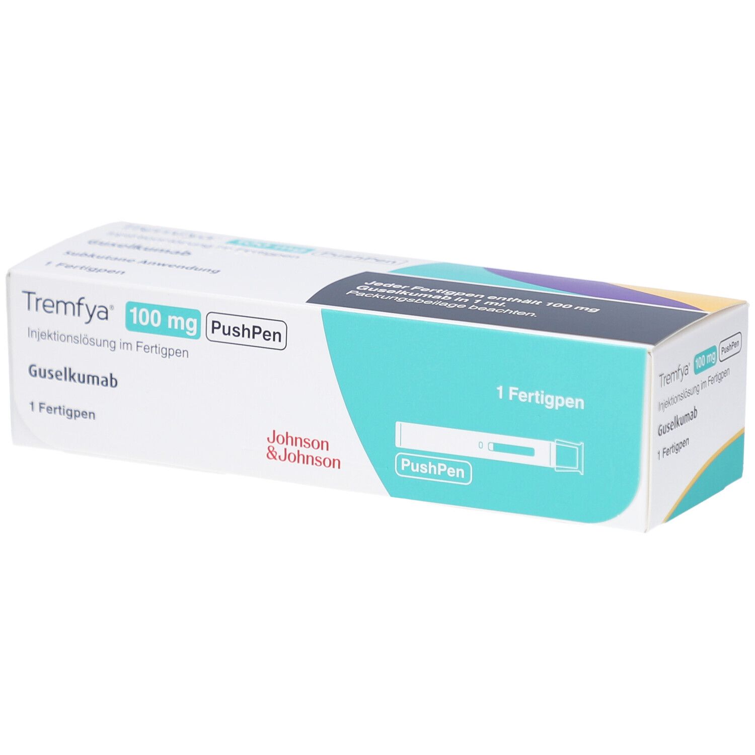 Verpackung von TREMFYA 100 mg PushPen. Weiß, blau und türkis. Enthält 1 Fertigpen. Aufschrift: Johnson & Johnson.