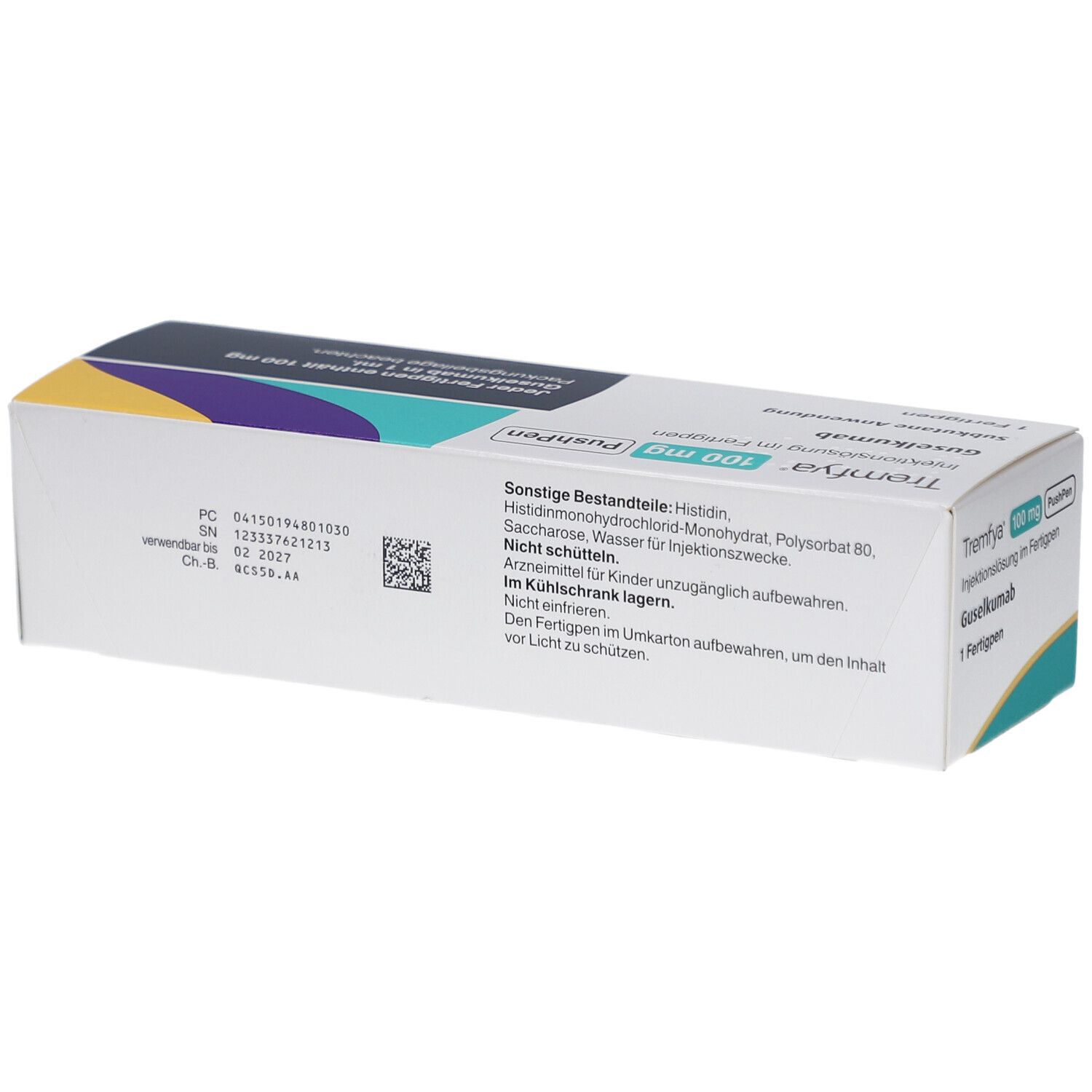 Rückseite der Verpackung von TREMFYA 100 mg PushPen. Weiß mit Text. Enthält Informationen zu Inhaltsstoffen und Lagerung.