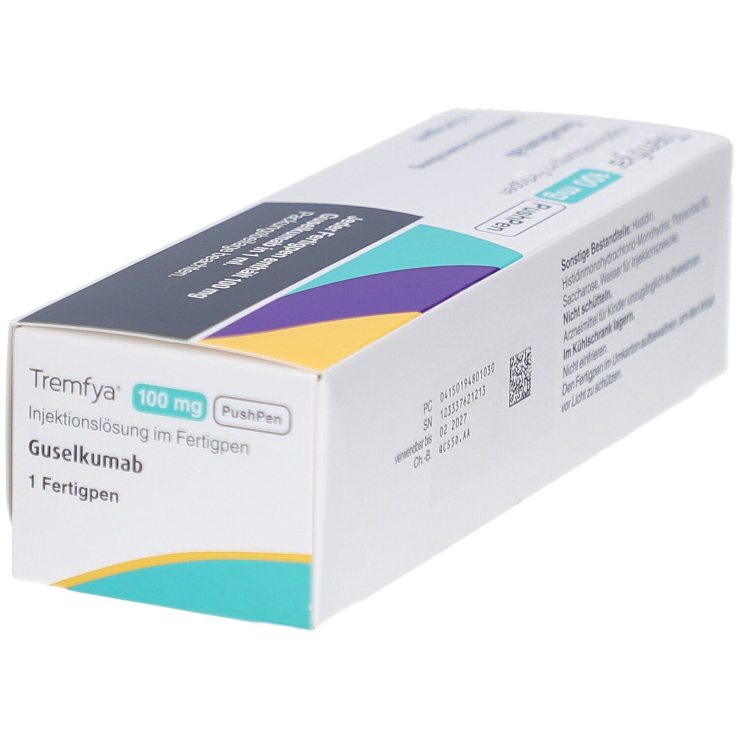 Verpackung von TREMFYA 100 mg PushPen. Weiß, blau, gelb und lila. Enthält 1 Fertigpen. Aufschrift: Johnson & Johnson.