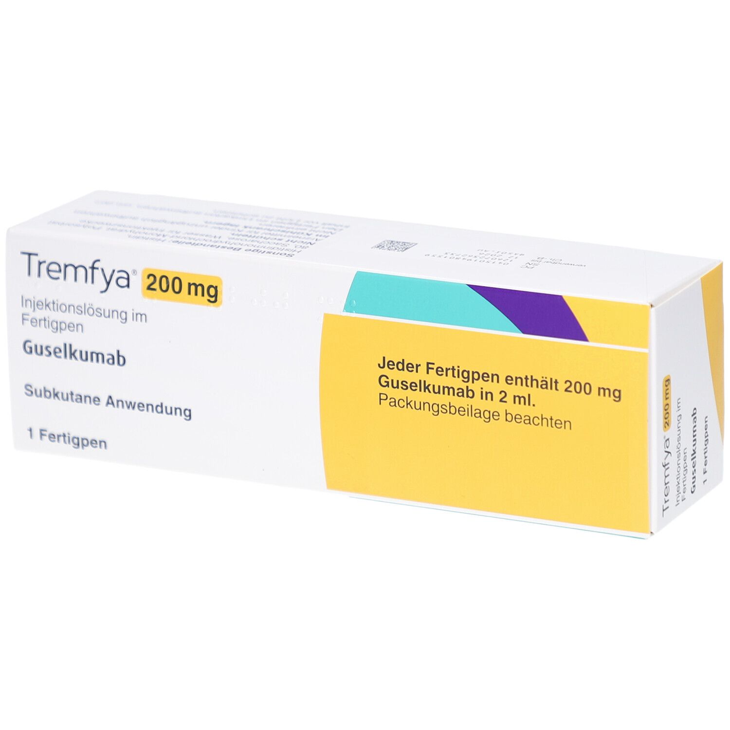 TREMFYA 200 mg Fertigpen-Packung. Enthält Guselkumab. Gelbe und weiße Schachtel mit Produktinformationen.
