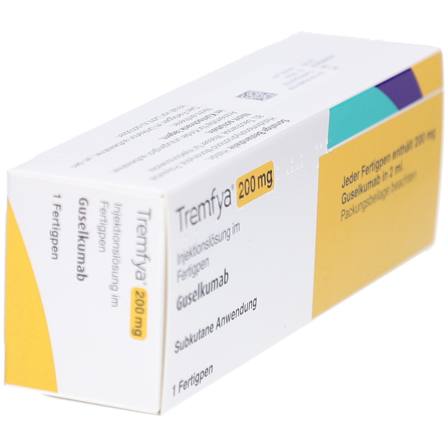 TREMFYA 200 mg Packung, schräg. Enthält Guselkumab. Weiße Schachtel mit gelbem Akzent und Produktinformationen.