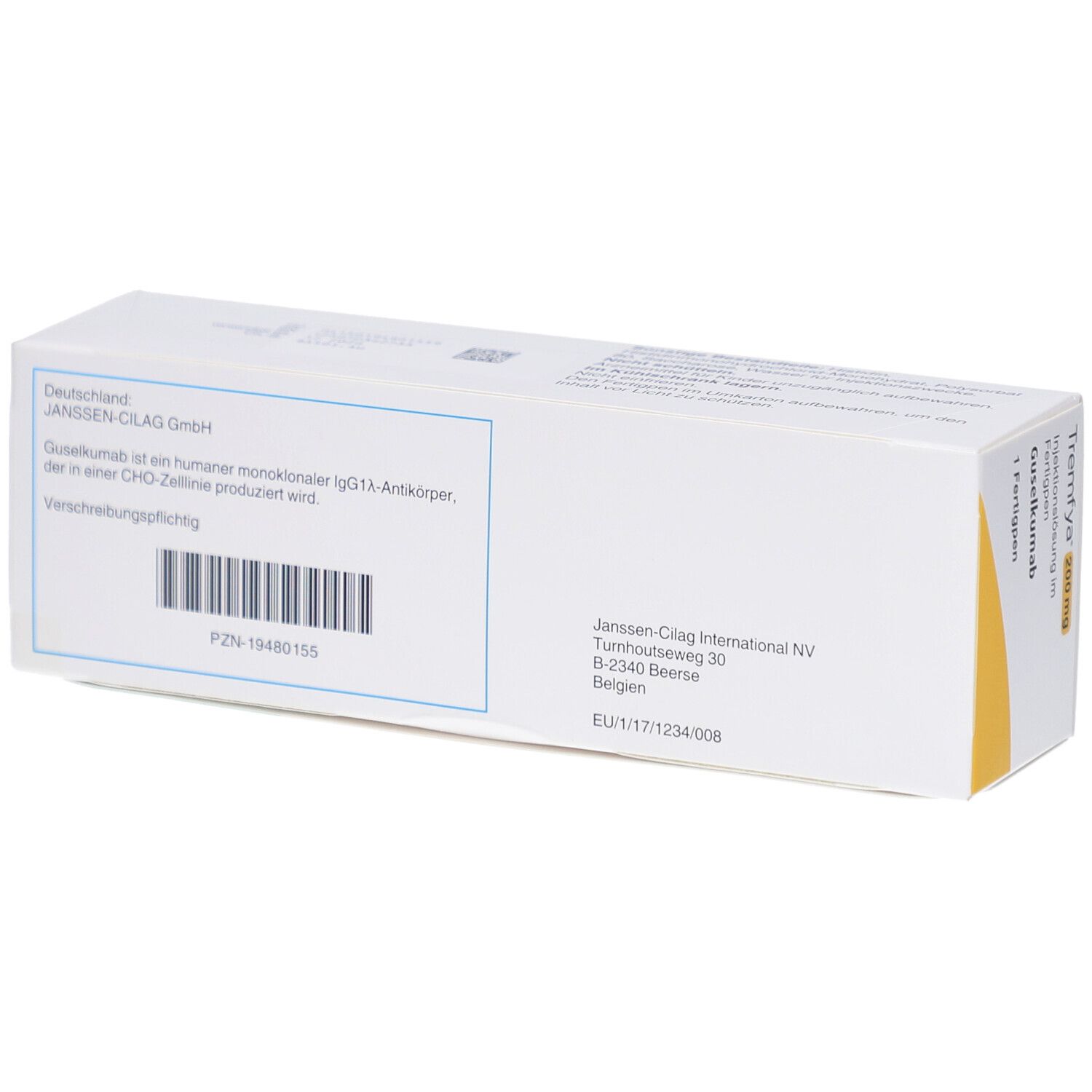 Rückseite der TREMFYA-Packung. Enthält Informationen zu Hersteller und Inhaltsstoffen. Barcode sichtbar.