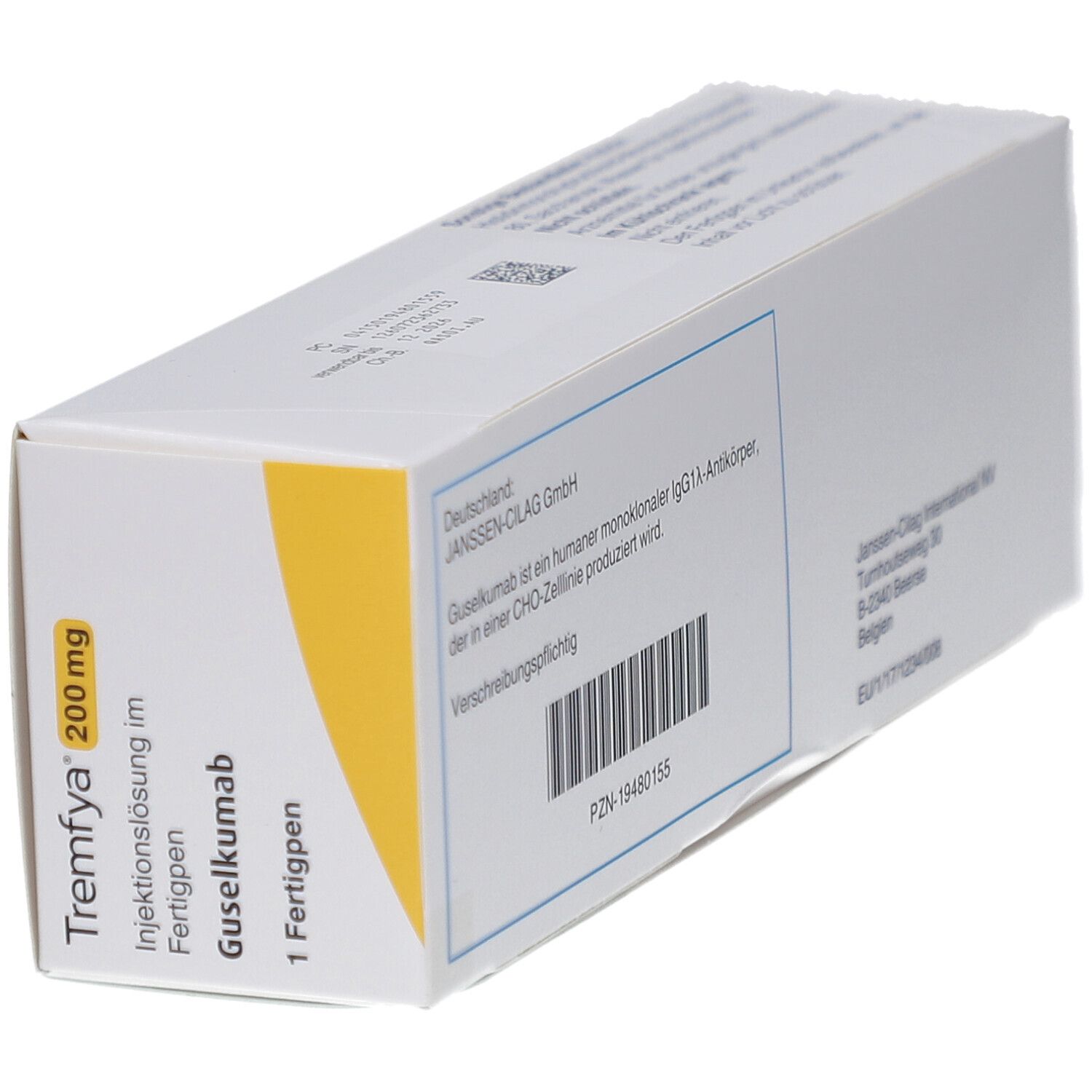TREMFYA 200 mg Packung, schräg. Weiße Schachtel mit gelbem Akzent. Produktinformationen und Barcode.