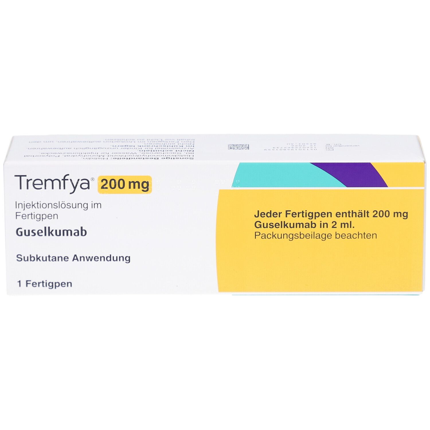TREMFYA 200 mg Packung. Enthält Guselkumab. Weiße Schachtel mit gelbem Bereich und Produktinformationen.